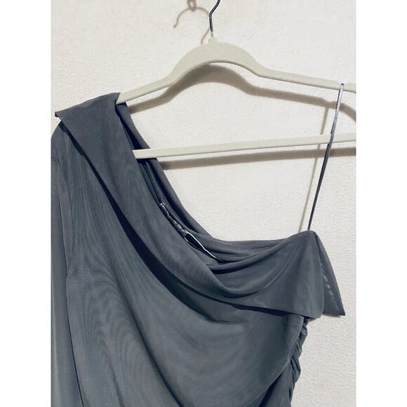 Zara Top Womens Medium Gray One Sleeve Ruched Mesh Asymmetrical Sheer Drapey - Picture 2 of 7